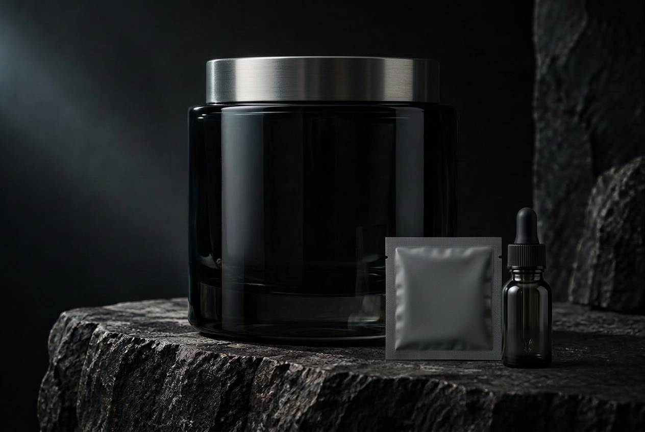 N°1 Cellular Reserve black glass jar on mineral stone